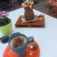 Cappucino & banana, cacao, coconut mylk smoothie (with other goodies )  at Delicias y Namaste in Fuerteventura