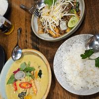 Green curry pad siew coconut rice at Holy Basil Thai in Croydon