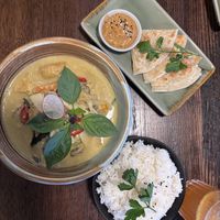 Green vegan curry, roti & peanut saucee  at Holy Basil Thai in Croydon