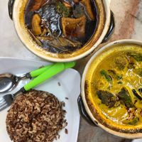 Brown rice with vegetarian curry mutton ($4.50) and claypot tofu ($4.50) at Fortune Tree Vegetarian in Northeast Singapore