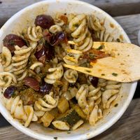 Pasta Salad ~ with harissa, courgette, fennel, olives + lemon  at Pilgrims Coffee House in Lindisfarne