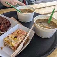 Vegan Cuthbert cake and mushroom soup at Pilgrims Coffee House in Lindisfarne