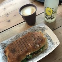 Veggie sandwich soya late and lemonade  at Pilgrims Coffee House in Lindisfarne