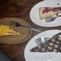 Mango, raspberry and salted caramel raw cakes - all amazing!! at Vibe Cafe in Siem Reap