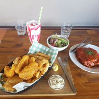 'Seafood' basket, lasagne, and strawberry milkshake at The Green Lion Pub in Rozelle