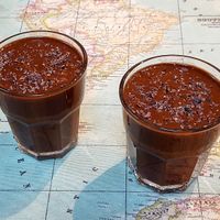 "Chocolicious", amazing thick chocolate milkshake, done for us with a pinch of chili to contrast with the beautiful dark chocolate. YUM ! at Urban Orchard in Madrid