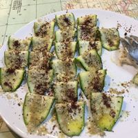 Delicious zucchini ravioli with cashew cheese. at Urban Orchard in Madrid