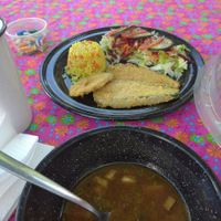 Soup, breaded zucchini, rice, salad and agua del día. at Maria Bonita Veganos - Food Cart in Mexico City