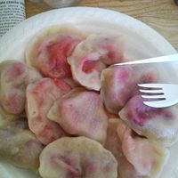 pierogi ones with strawberry and others with cherries at Przystanek Pierogarnia - Rynek Debnicki in Krakow
