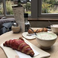 Hibiscus croissant and matcha latte  at Le Pain Quotidien - Simon Stevinplein in Bruges