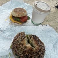 Breakfast sandwich, bagel sandwich & log cabin latte with oat milk #Veganuary at Bunkhouse Coffee Bar in Jensen Beach