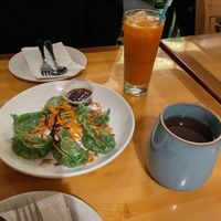 dumplings, thai iced tea, ginger pomegranate hot tea at May Kaidee in New York City