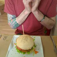 He loved it: the bread, the vegan mayo, the burger... Delicish... at Malaika in Tenerife