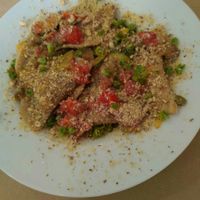 Ravioli with cherry tomatoes, zucchini, olives & almonds. Taste of summer. Tasty! Delish...! at Malaika in Tenerife