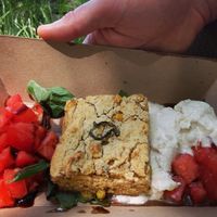 Cashew Burrata with Tomato, Basil, & Jalapeno Cornbread at Fancy Plants Cafe in Chicago