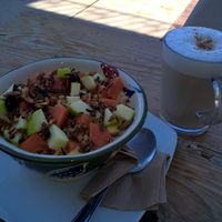 Mango Yogurt with green apple, papaya and granola and chai tea latte at La Raiz de la Tierra in Ixtapa