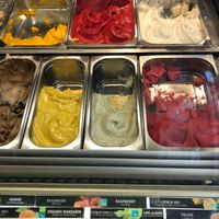 From top left: mango, raspberry, lemon, coffee, mandarin, lime & strawberry  at Amorino - Cler in Paris