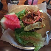 Vegan style BBQ burger with fruit side at Lazy Dog in Las Vegas