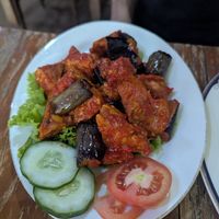 Tempe and eggplant penyet with peanut sauce at Mai3 Veggie Kitchen - Raya Tuban in Kuta