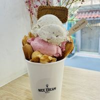Bubble waffle with a scoop of strawberry and stracciatella   at Nice Cream in Taipei
