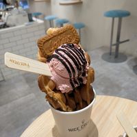 Bubble waffle with strawberry ice cream and chocolate sauce at Nice Cream in Taipei