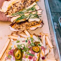 Burger with loaded fries ! insta @ gabeedeeats at The Beer Plant in Austin