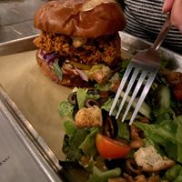 NASHVILLE HOT & CRISPY, side salad.  The burger was actually spicy and absolutely amazing with a pretzel bun   at The Beer Plant in Austin