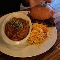 Big Bend BBQ sandwich featuring BeHive (from Nashville, TN) seitan deli slices and baked beans! I really enjoyed this one with the slaw and the beans weren’t overly sweet!  at The Beer Plant in Austin