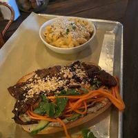 Banh mi sandwich with Mac & cheese side at The Beer Plant in Austin