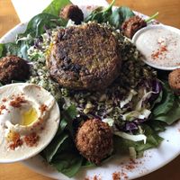Veggie salad with levivot and falafel at Cafe Jerusalem in Kerikeri