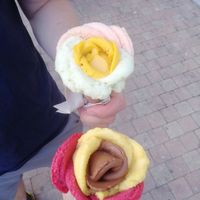 Upper one: mango, basilic-lime, aperol spritz. The other one: raspberry, citrus-carrot-ginger, vegan chocolate at Amorino in Avignon