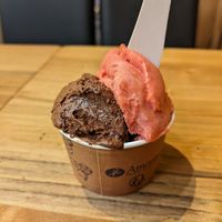 Chocolate and strawberry sorbets at Amorino in Nancy