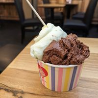 Lime and basil , and chocolate sorbets at Amorino in Nancy