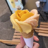 Il y a plusieurs choix de glaces vegans, le cornet de base (pas celui au chocolat qui a du lait) comme celui sur la photo est vegan !  at Amorino in Nice