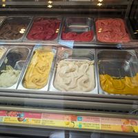 Top L to R: Chocolate, Red Berries, Strawberry, Blood Orange. Bottom L to R: Lime Basil, Passion Fruit, Organic Lemon and Mango. at Amorino - Capitole in Toulouse