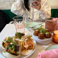 Buffalo Maitake Bun, Tofu Bun, Po' Boy Bun, and Arancini at Ladybird in New York City