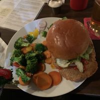 Vegan Chick’n Tenderloin Sandwich with sautéed veggies  at Broad Ripple Brewpub in Indianapolis