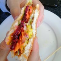 Beetroot, red onion, carrot, lettuce, chutney and fritter style pattie at Gibby's Cafe in Westport