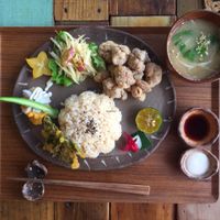 Japanese Fried Vege Chicken with miso soup at Mana in Naha