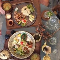Main meals with brown rice and miso soup at Mana in Naha