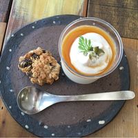 Coconut, soy, maple dessert. Served with a small oatmeal raisin cookie. at Mana in Naha