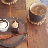 Small dessert dish; comes with menu at Mana in Naha