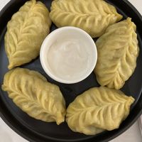 Pumpkin dumplings and vegan mayo  at Veggie House in Astana