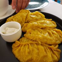 Vegan mante with soy mince at Veggie House in Astana