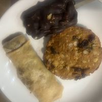 Apple pie roll, Snickers on a stick and oatmeal/raisin cookie  at Veggie House in Astana