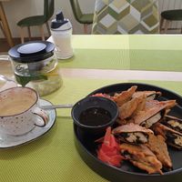 The appetizer fish (tofu) and ginger tea small at Veggie House in Astana