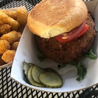 My huge black eyed pea burger, side of tots.  at Curia on the Drag Food Truck in Gainesville
