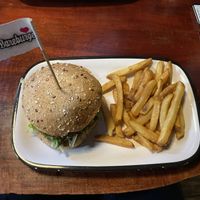 My Sunshine burger with fries.  at Bareburger - Hell's Kitchen in New York City
