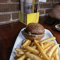 Burger mit veganem Beef Style Patty und Pilzen. Super Pommes!  at Bareburger - Hell's Kitchen in New York City