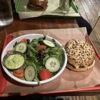 Impossible burger 🍔, keto bun, and salad  at Bareburger - Hell's Kitchen in New York City